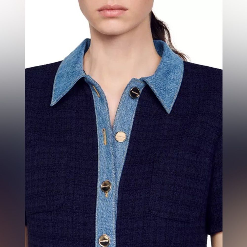 Sandro Brooke Mixed Media Shirt Dress Size US 2 / FR 34 Blue Tweed and Denim - Picture 3 of 16